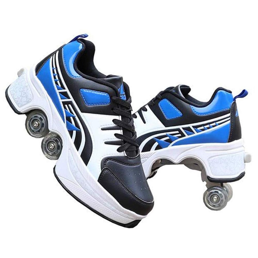 Double-Row Deform Wheel Automatic Walking Shoes Invisible Deformation Roller Skate 2 in 1 Removable Pulley Skates Skating Parkour (Blue Black, US 5.5)
