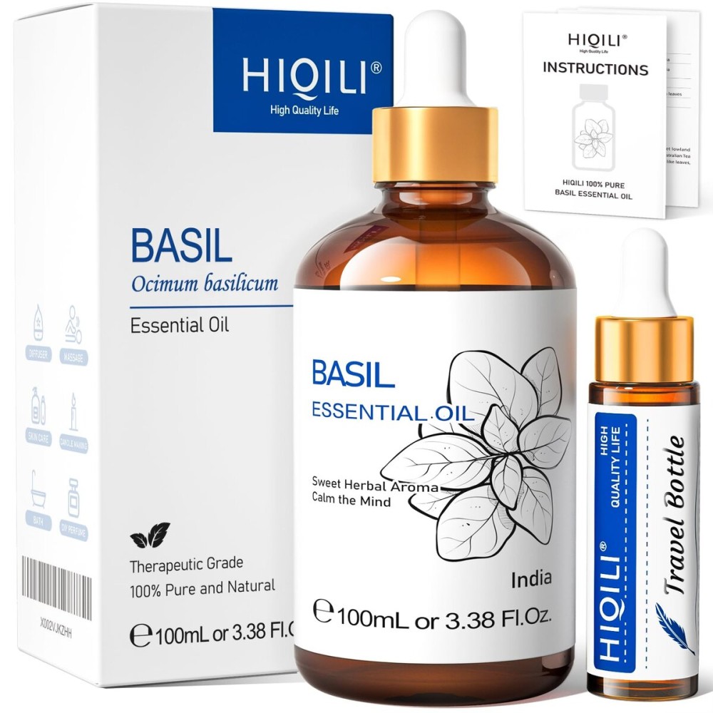 HIQILI Basil Essential Oil, 100% Pure & Natural, Diffuser in Bedroom, Yoga, Mediation for Calming Relaxation Mood, Hair Growth, Body Massage, DIY Sweet Herbal Scented Soap Gifts- 100ML