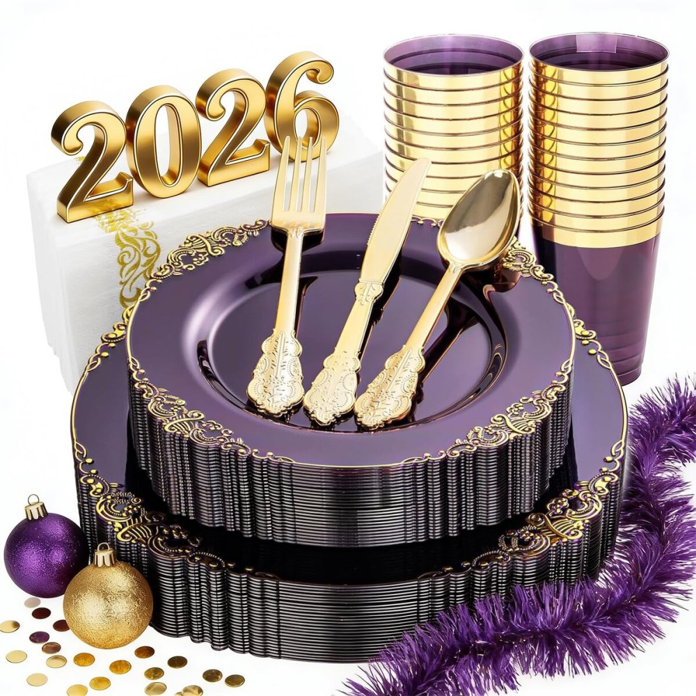 Nervure 175PCS Clear Purple Plastic Plates - Purple Party Plates Set for 25 Guests Include 25Dinner Plate, 25Dessert Plate, 25Cups, 75 Cutlery, 25Napkins Perfect for Wedding & Party & New Year