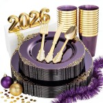 Nervure 175PCS Clear Purple Plastic Plates - Purple Party Plates Set for 25 Guests Include 25Dinner Plate, 25Dessert Plate, 25Cups, 75 Cutlery, 25Napkins Perfect for Wedding & Party & New Year