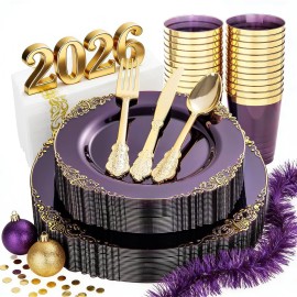 Nervure 175PCS Clear Purple Plastic Plates - Purple Party Plates Set for 25 Guests Include 25Dinner Plate, 25Dessert Plate, 25Cups, 75 Cutlery, 25Napkins Perfect for Wedding & Party & New Year