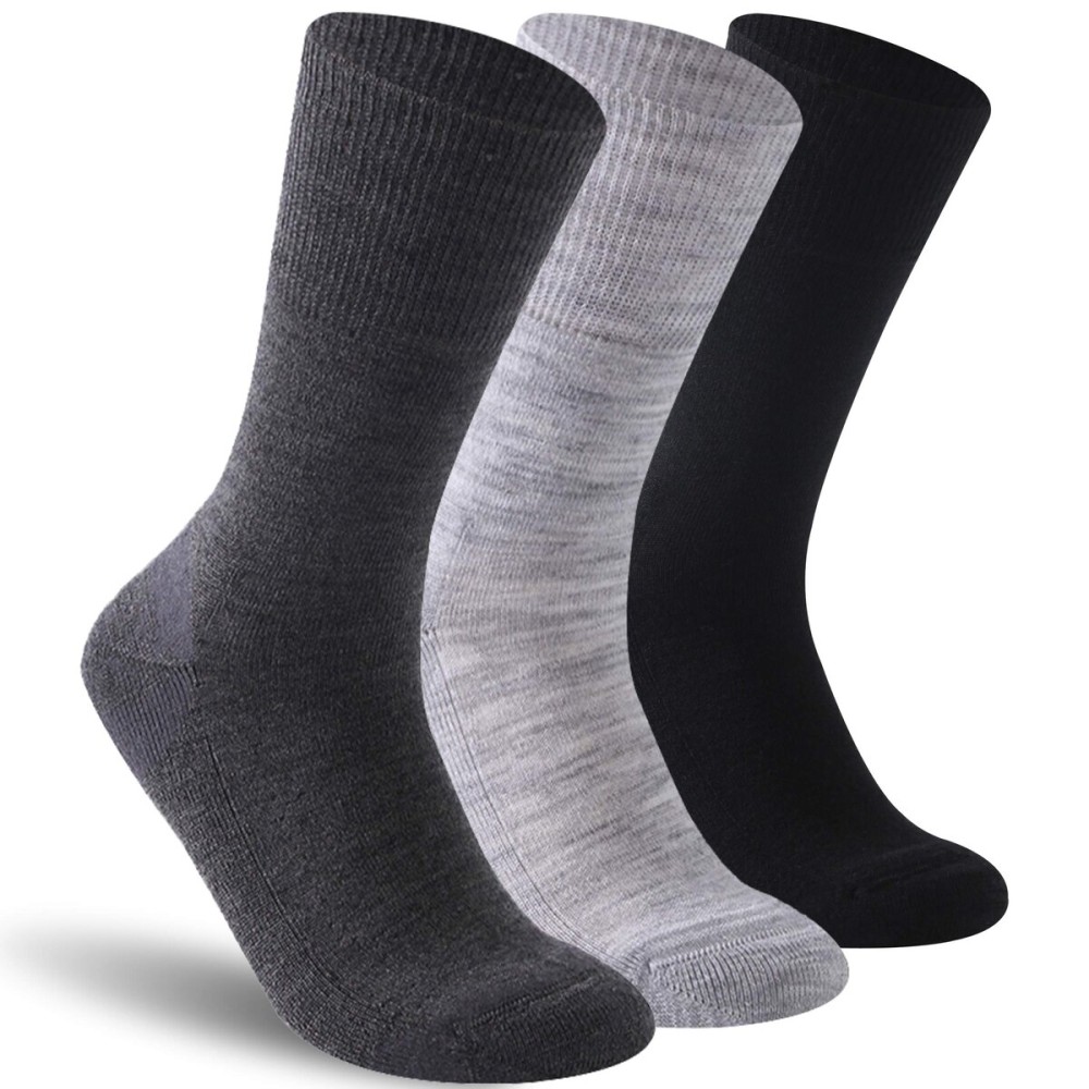 Facool Wide Crew Loose Top Socks, Mens Womens Merino Wool Non-Binding Diabetic Wellness Socks with Seamless Toe(Big and Tall Available), 3 Pair Multi-Color Light Gray, Black,Deep Gray, Large
