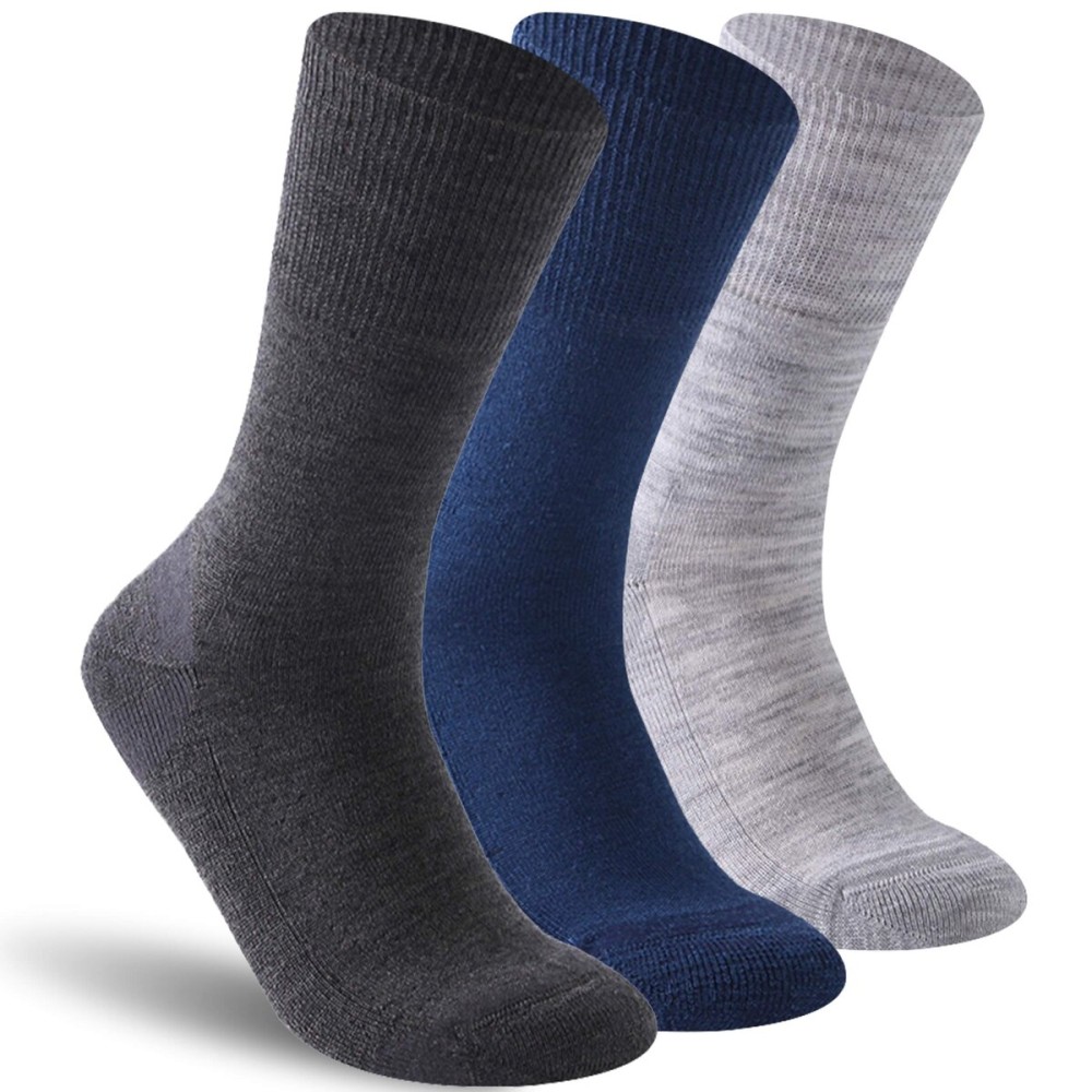 Facool Wide Crew Loose Socks, Mens Womens Merino Wool Non-Binding Diabetic Soft Cushioned Socks with Seamless Toe(Big and Tall Available), 3 Pair Multi-Color (Light Gray, Deep Gray, Navy Blue),XL