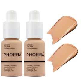 BestLand 2Pack PHOERA Foundation Full Coverage Liquid Foundation Cream - Long-lasting Lightweight Concealer - Oil-Free Formula - Natural Shade - Suitable for All Skin Types (2 Pack Buff Beige 104)