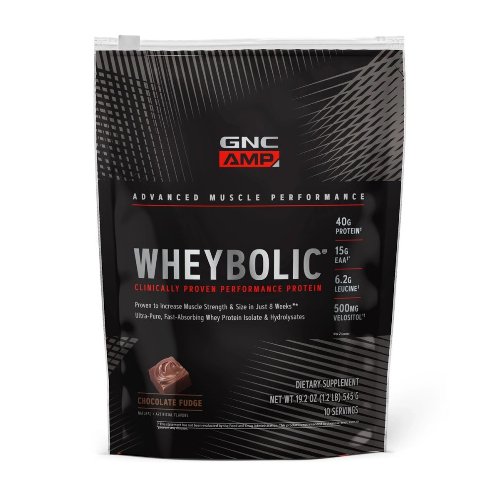 GNC AMP Wheybolic Clinically Proven Protein Powder, 40g Whey Protein, BCAA, Leucine, Increases Muscle Strength, Muscle Building, 3rd Party Tested, Chocolate Fudge, Gluten Free, 10 Servings