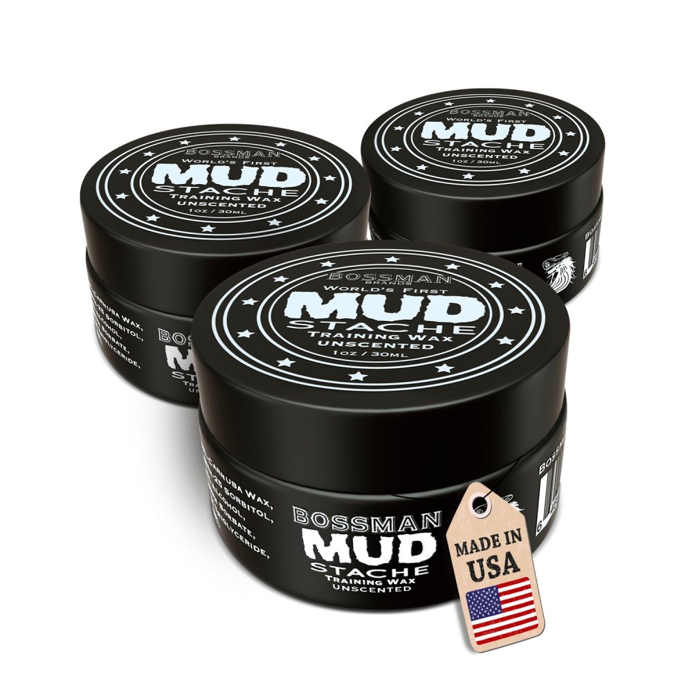 Bossman MUDstache Unscented Mustache Wax for Men (3 oz) - 3 Pack - Strong 24-Hour Hold, Non-Tacky & Easy to Apply for Taming & Styling
