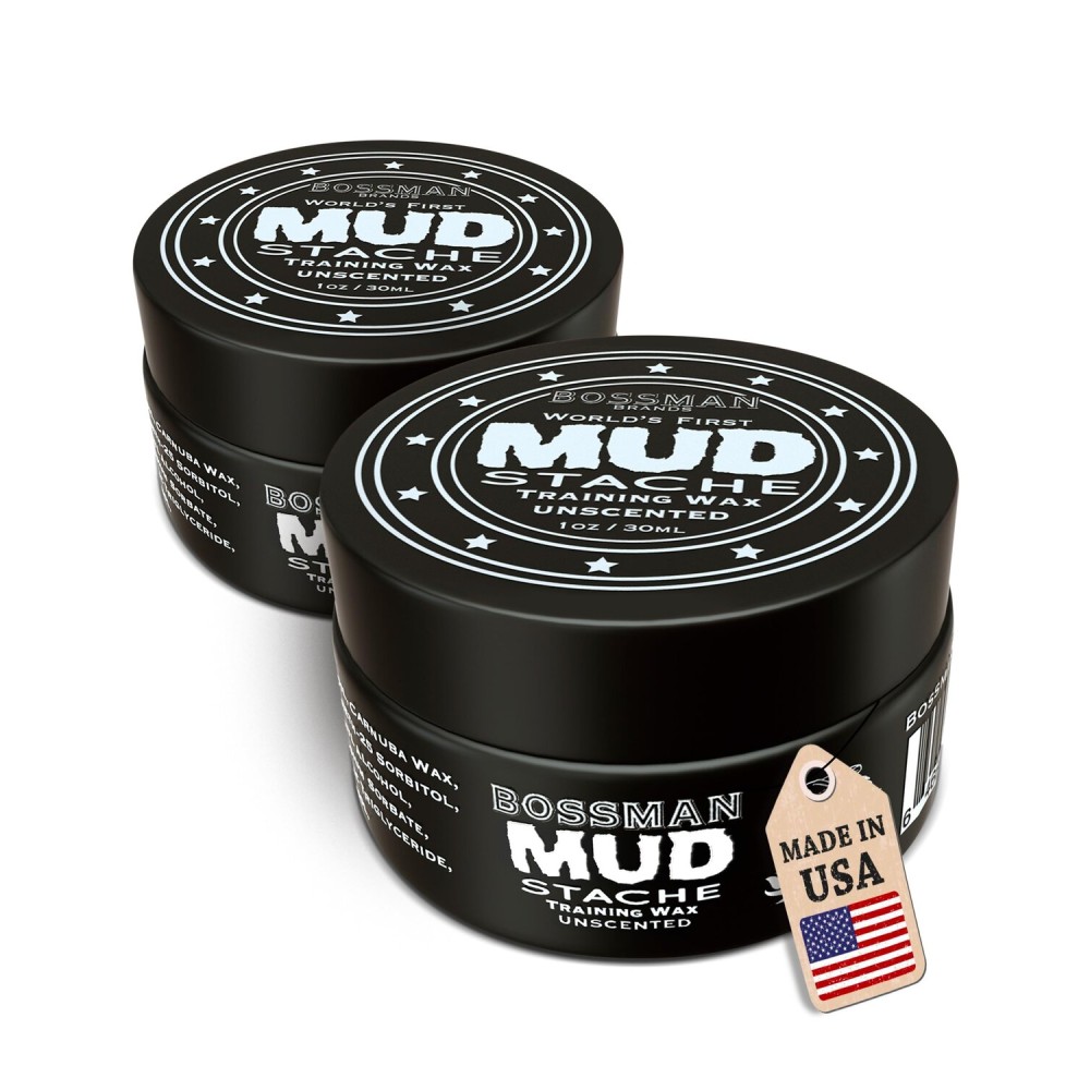 Bossman MUDstache Unscented Mustache Wax for Men (2 oz) - 2 Pack - Strong 24-Hour Hold, Non-Tacky & Easy to Apply for Taming & Styling