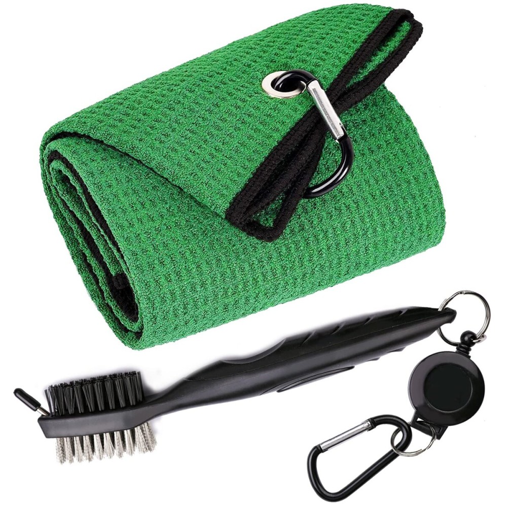 Aebor Golf Towels, Microfiber Waffle Pattern Tri-fold Golf Towel - Brush Tool Kit with Club Groove Cleaner, with Clip Men Women Golf Gifts (Green Towel+Black Brush)