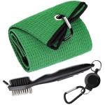 Aebor Golf Towels, Microfiber Waffle Pattern Tri-fold Golf Towel - Brush Tool Kit with Club Groove Cleaner, with Clip Men Women Golf Gifts (Green Towel+Black Brush)