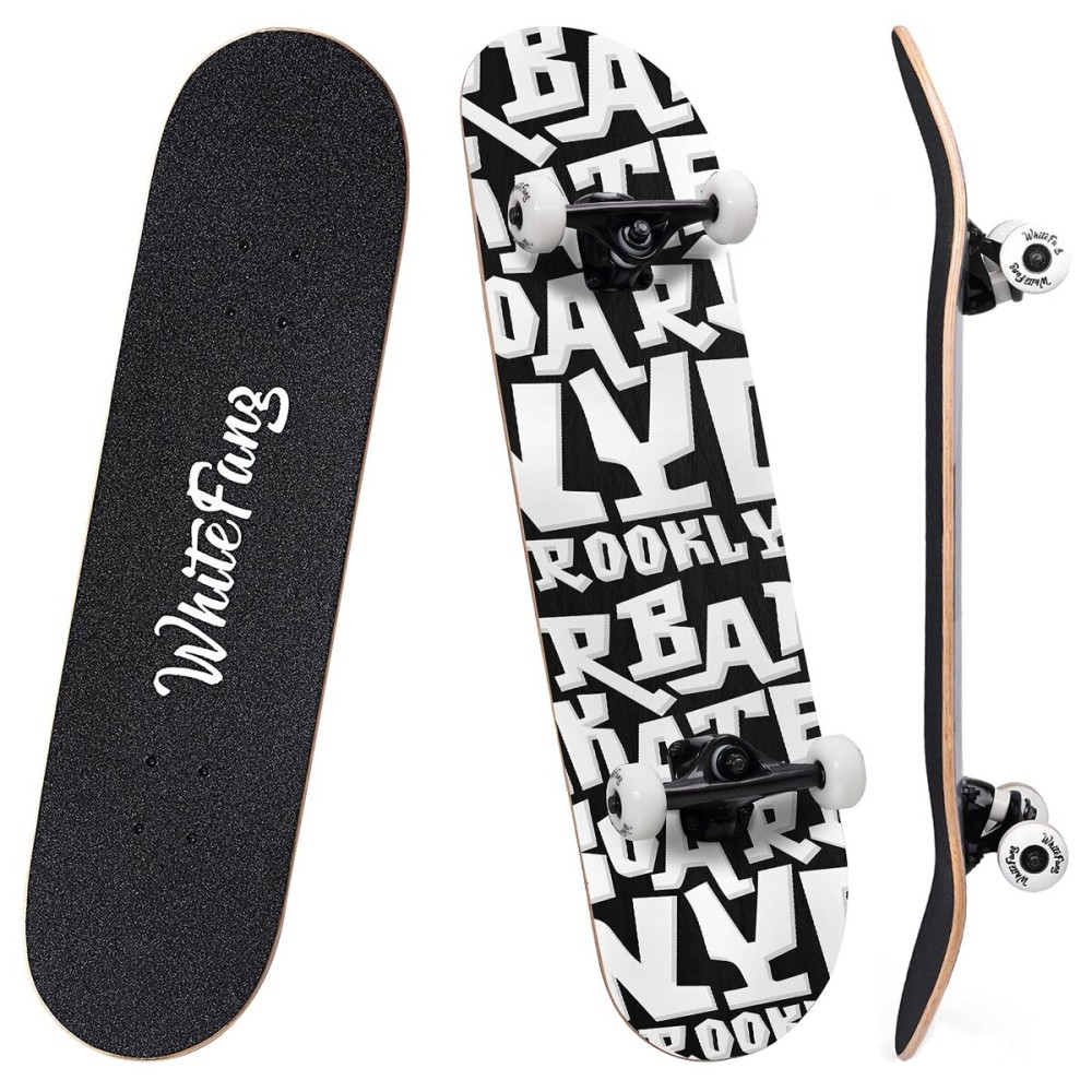 WhiteFang Skateboards for Beginners, Complete Skateboard 31 x 7.88, 7 Layer Canadian Maple Double Kick Concave Standard and Tricks Skateboards for Kids and Beginners (Letters)
