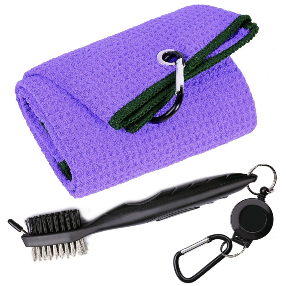 Aebor Golf Towels, Microfiber Waffle Pattern Tri-fold Golf Towel - Brush Tool Kit with Club Groove Cleaner, with Clip Men Women Golf Gifts (Purple Towel+Black Brush)