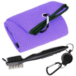 Aebor Golf Towels, Microfiber Waffle Pattern Tri-fold Golf Towel - Brush Tool Kit with Club Groove Cleaner, with Clip Men Women Golf Gifts (Purple Towel+Black Brush)