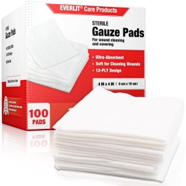 EVERLIT [Extra-Thick] 4\'\'x4\'\' Sterile Gauze Pad 12-Ply, 100 Pack, Individual Wrapped, Ultra Absorbent Large Non-Woven Medical Gauze Sponges for Wound Care Home First Aid Kit