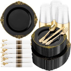 Hioasis 350pcs Black and Gold Plastic Plates - Diposable Dinnerware Set Suitable for 50 Guests Include 10.25 Dinner & 7.5 Dessert Plates, Pre Rolled Silverware Set, Cups for Party & Wedding