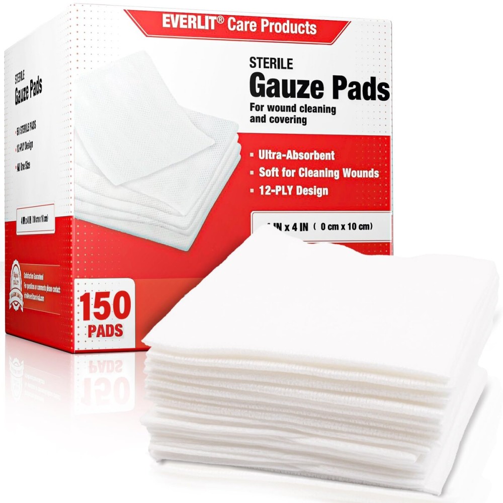 EVERLIT [Extra-Thick] 4\'\'x4\'\' Sterile Gauze Pad 12-Ply, 150 Pack, Individual Wrapped, Ultra Absorbent Large Non-Woven Medical Gauze Sponges for Wound Care Home First Aid Kit