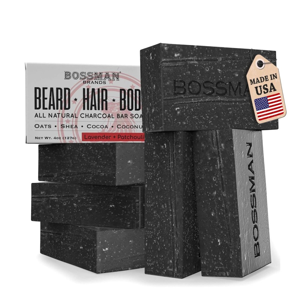 Bossman 6-Pack 4-in-1 Charcoal Soap Bar (4 oz) - Bar Soap for Men - All-Natural Beard Wash, Shampoo, Body Wash & Shaving Solution - Lavender & Patchouli Scent