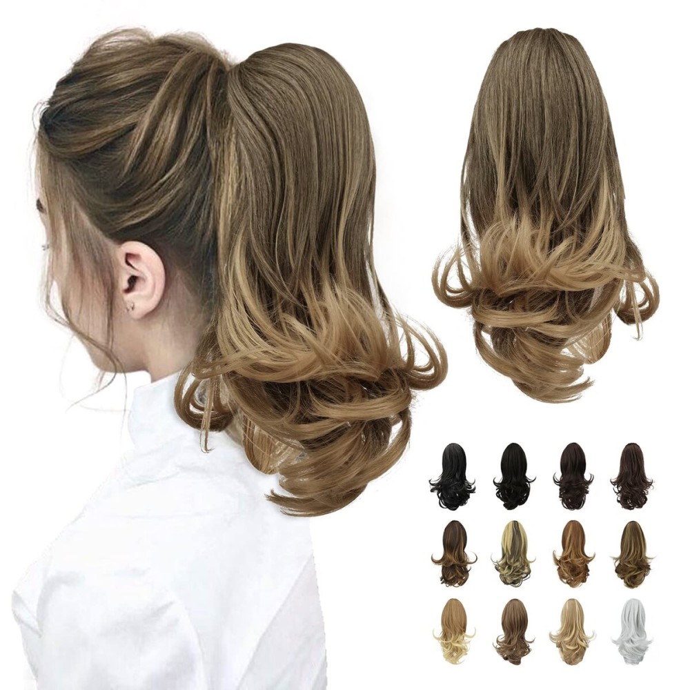 SOFEIYAN 13 Ponytail Extension Long Curly Ponytail Clip in Claw Hair Extension Natural Looking Synthetic Hairpiece for Women, Ash Brown to Blonde