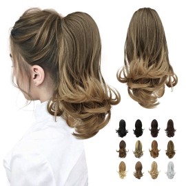 SOFEIYAN 13 Ponytail Extension Long Curly Ponytail Clip in Claw Hair Extension Natural Looking Synthetic Hairpiece for Women, Ash Brown to Blonde