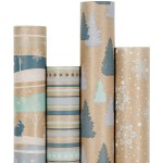 RUSPEPA Christmas Wrapping Paper, Kraft Paper - Reindeer, Stripe and Snowflakes in Blue Design - 4 Rolls - 30 inches x 10 feet per Roll