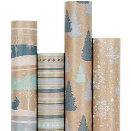 RUSPEPA Christmas Wrapping Paper, Kraft Paper - Reindeer, Stripe and Snowflakes in Blue Design - 4 Rolls - 30 inches x 10 feet per Roll