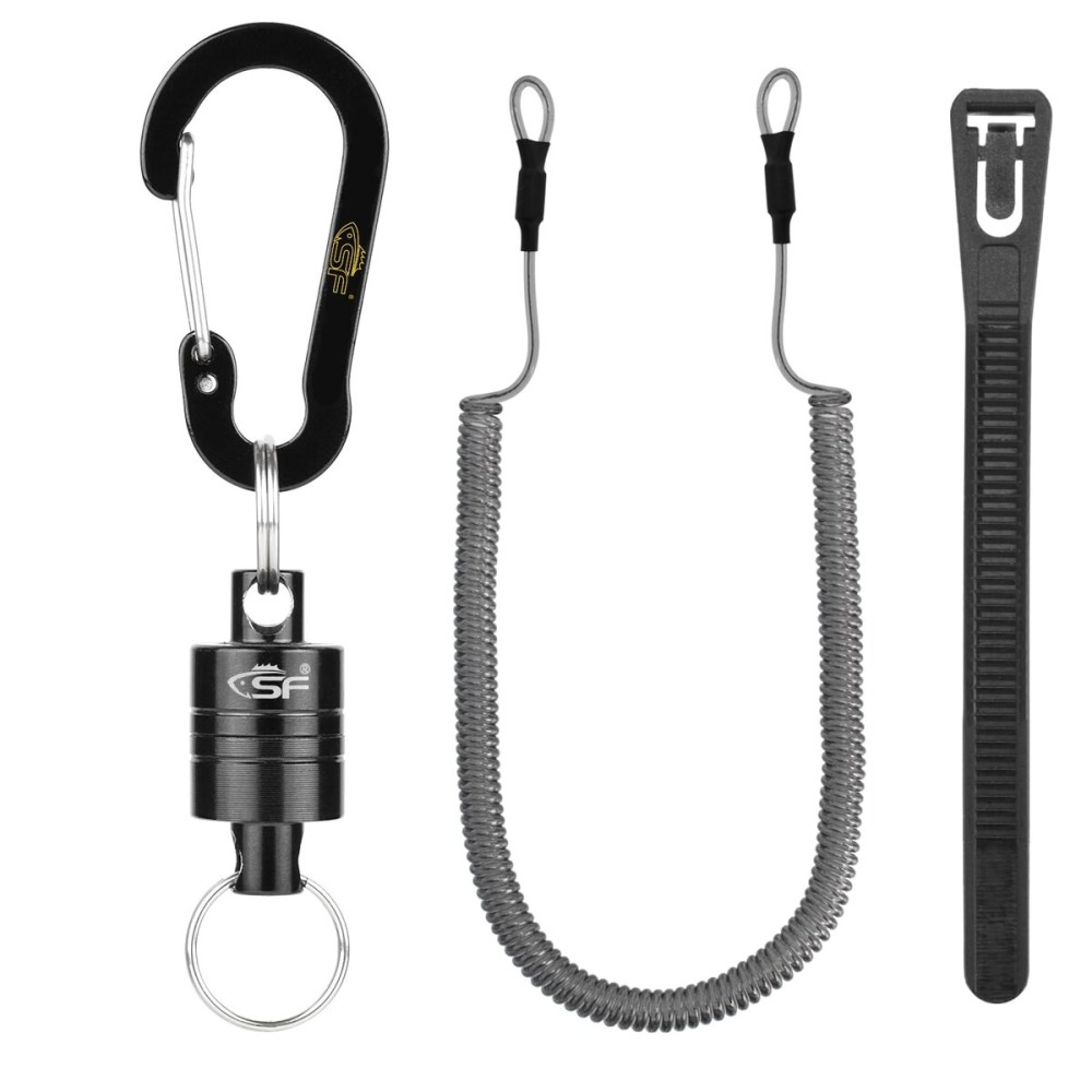 SF Strongest Magnetic Release Holder Keychain Fly Fishing Net Retractor Magnet Clip with Coiled Lanyard Aluminum Alloy Hook - Black