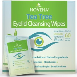 NOVEHA 60PCs Tea Tree Oil Eyelid & Lash Wipes | With Hyaluronic Acid, Green Tea & Chamomile For Blepharitis, Itchy & Stye Eyes, Individually Wrapped, Natural Eyelash Makeup Remover & Daily Cleanser