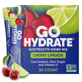 GoHydrate Low Sodium Electrolytes Powder Packets Sugar Free - Instant Hydration Daily Drink Mix - Zero Sugar Water Flavor Packet Singles with Vitamin D - (Cherry Limeade, 30 Packs)