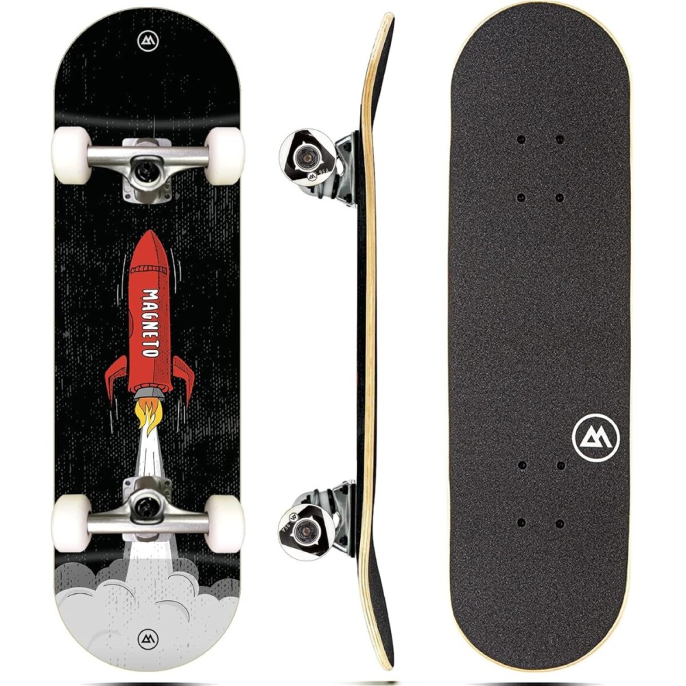 Magneto Rocket Complete Cruiser Skateboard - Trick-Ready Double Kicktail & Starter Deck - ABEC-5 Bearings & 95A Wheels for Youth Board - 7-Ply Board & Heavy-Duty Build - 27.5 x 7.75 in, Rocket
