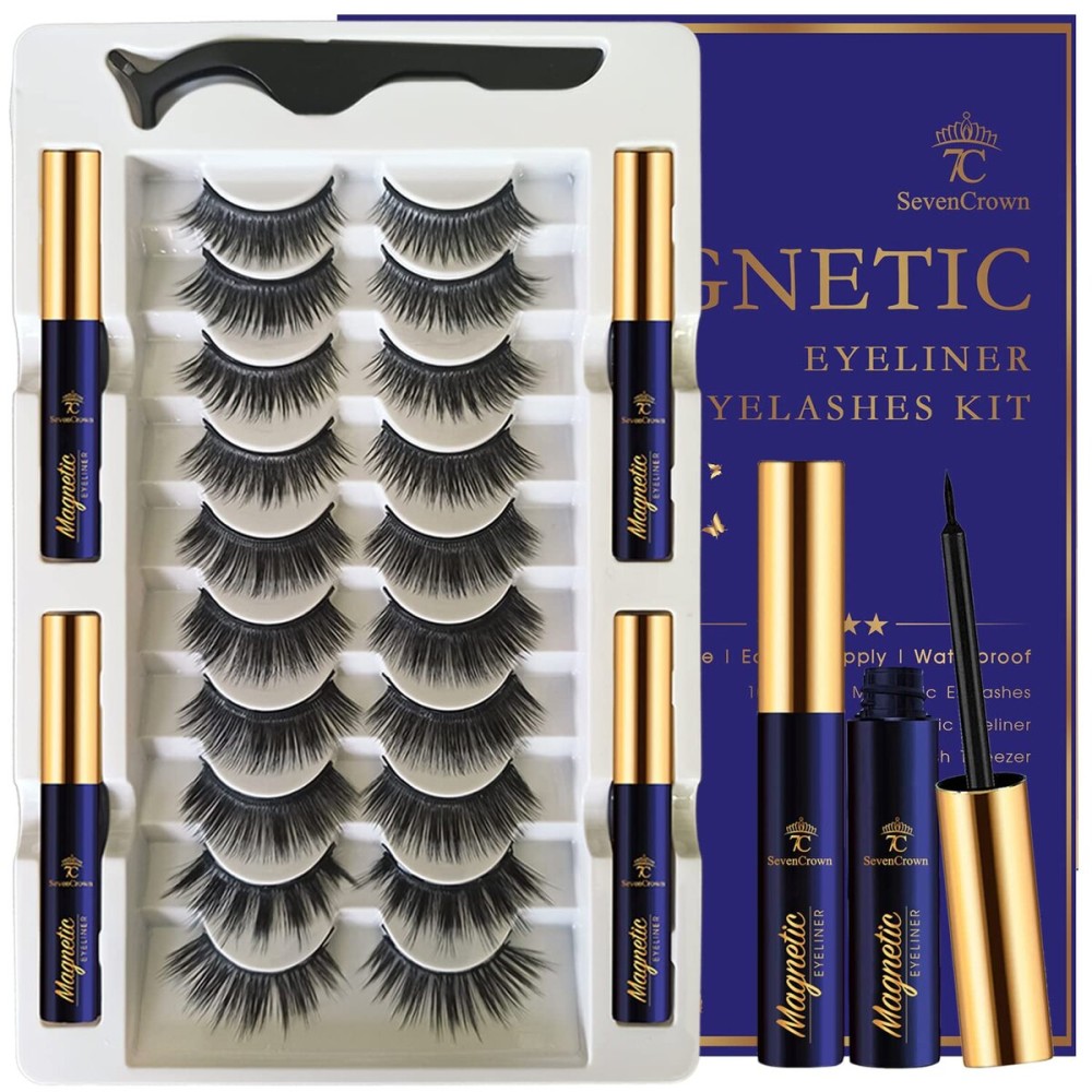 3D Magnetic Eyelashes with Eyeliner Kit - 7C SevenCrown Magnetic Lashes Natural Looking with Upgraded 4 Tubes of Liner Waterproof, Long Lasting,10 Pairs Reusable False Eyelashes Easy to Apply.