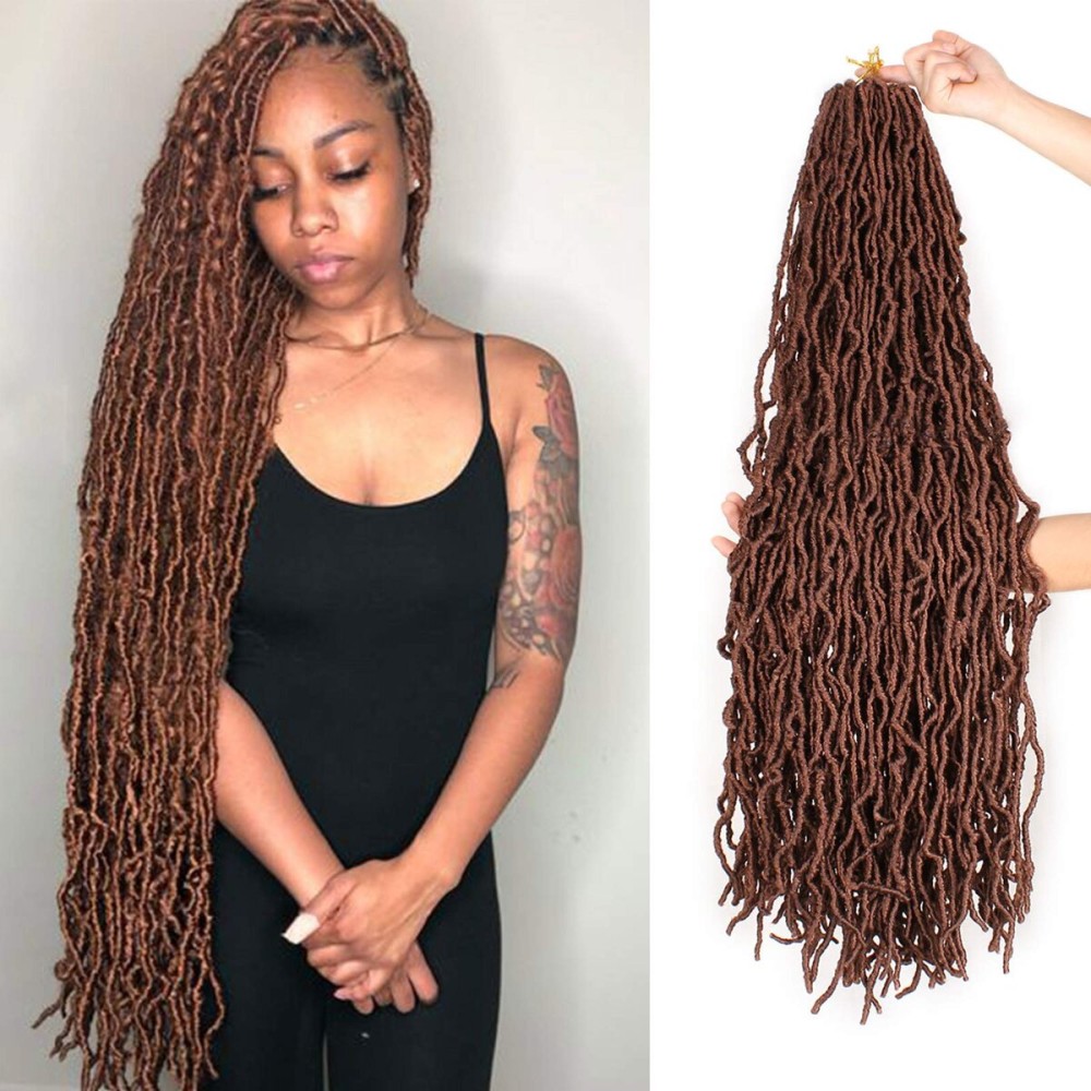 Leeven 36 Inch New Faux Locs Crochet Hair 7 Packs Long Goddess Locs Pre-looped Soft Locs Light Brown Curly Wavy Extended Locs Crochet Braids Synthetic Hair for Women (30)