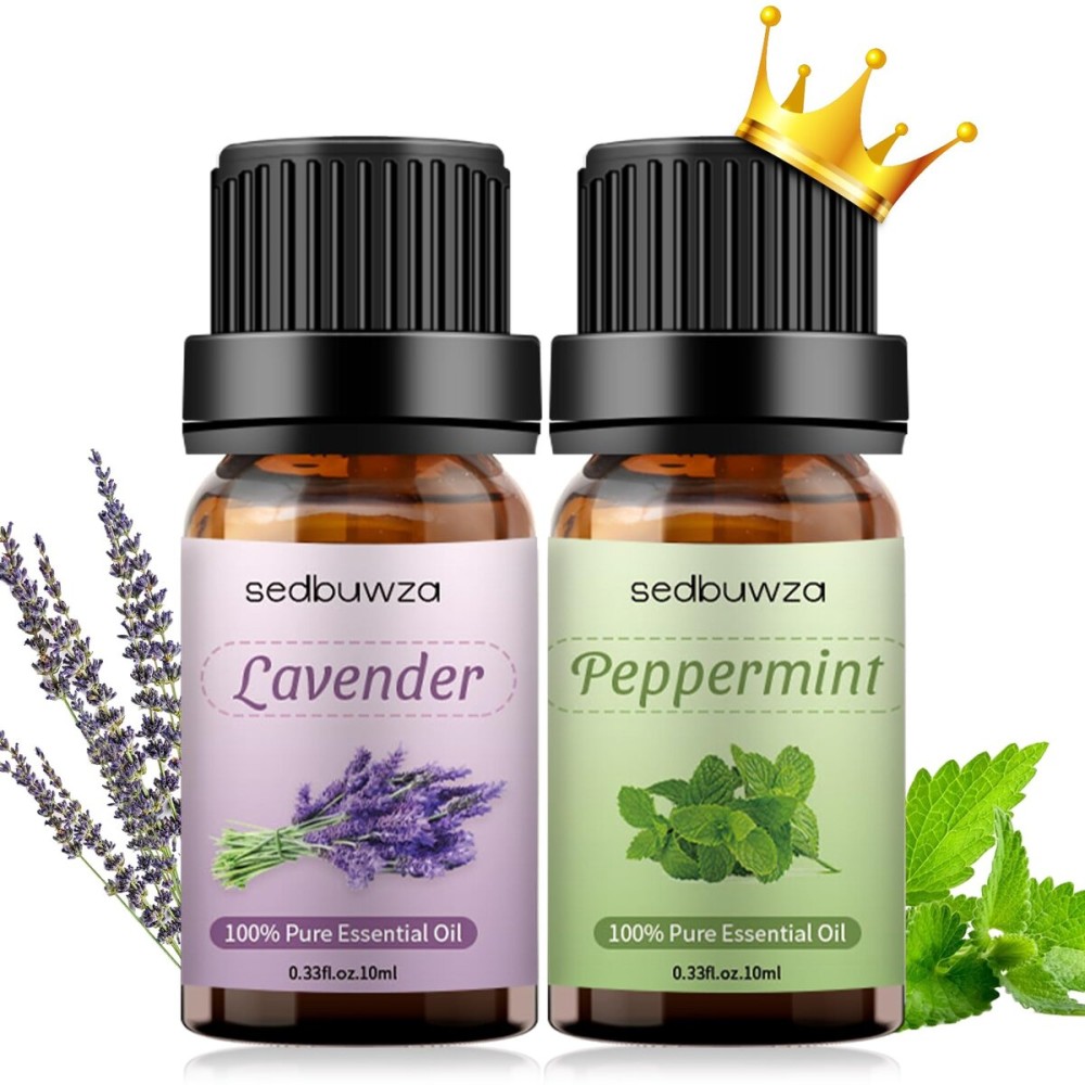 Sedbuwza Lavender Peppermint Essential Oil Set, Lavender Fragrance Oil Peppermint Scent Oil Set for Diffuser, Aromatherapy, Massage, Soap, Candle Making 2 x 10 ml