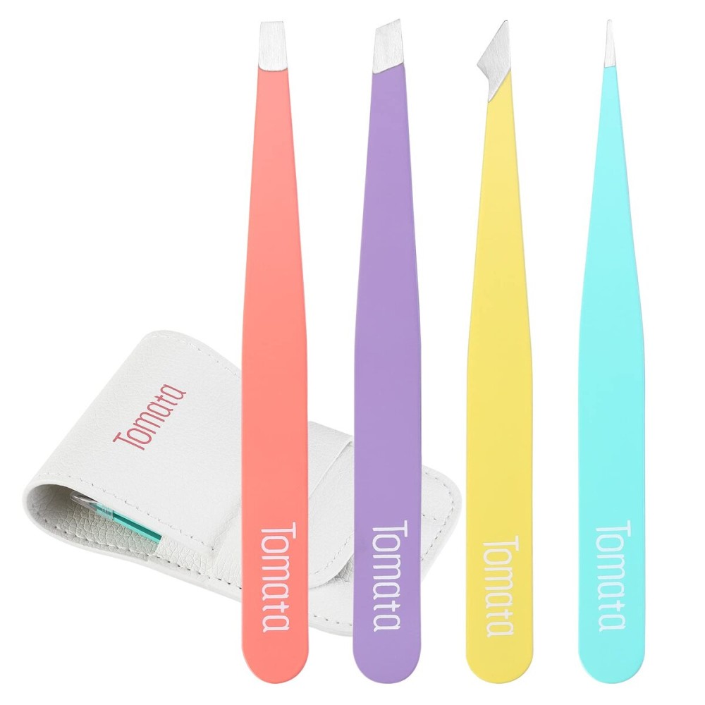 Tomata Tweezers for Eyebrows, Slant Tip and Pointed Eyebrow Tweezer Set Great Precision for Eyebrows Facial Hair, Ingrown Hair, Splinter, Blackhead and Tick Remover (4-piece) (Multi-color)