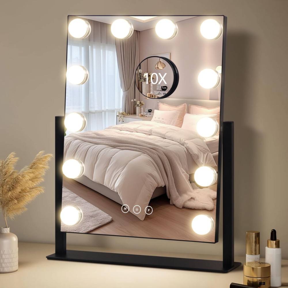 NUSVAN Vanity Mirror with Lights,Makeup Mirror with Lights,3 Color Lighting Modes Detachable 10X Magnification Mirror Touch Control,360Rotation,White