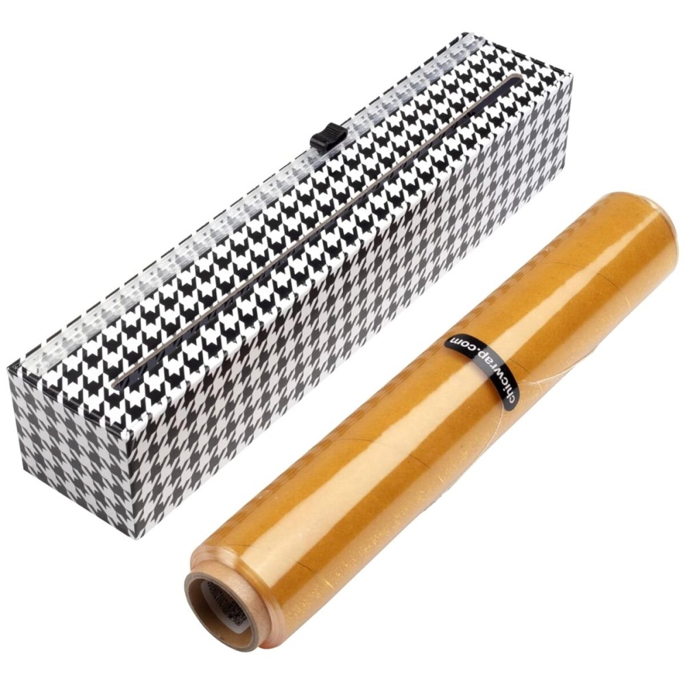 Chicwrap Houndstooth Refillable Plastic Wrap Dispenser - One 12 x 250\' Roll of Professional Grade Plastic Wrap - BPA Free and Kosher Certified - Reusable Dispenser w/Slide Cutter
