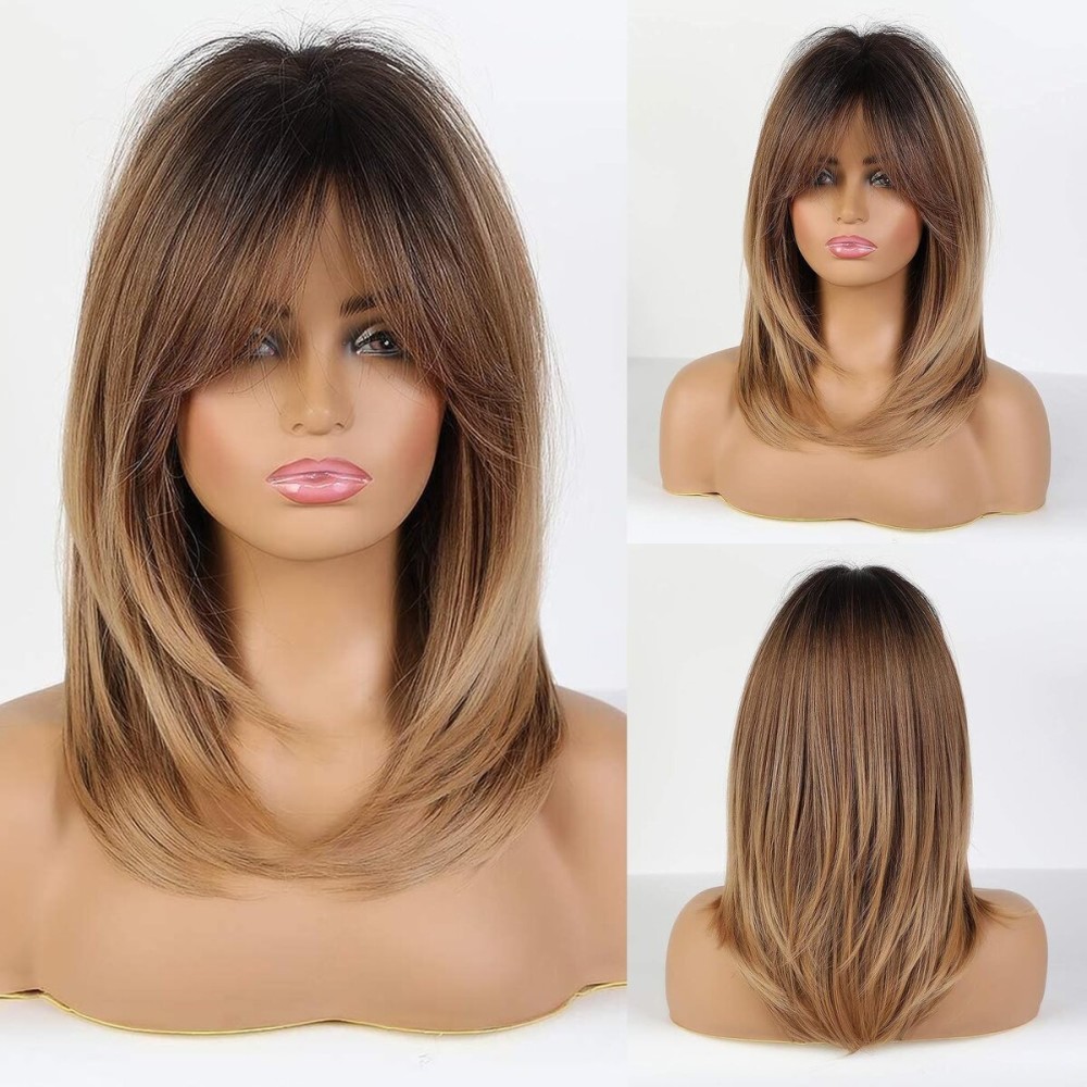 HAIRCUBE Ombre Brown Wigs for Women Shoulder Length Wigs Charming Long Curly Wigs with Bangs Daily Use
