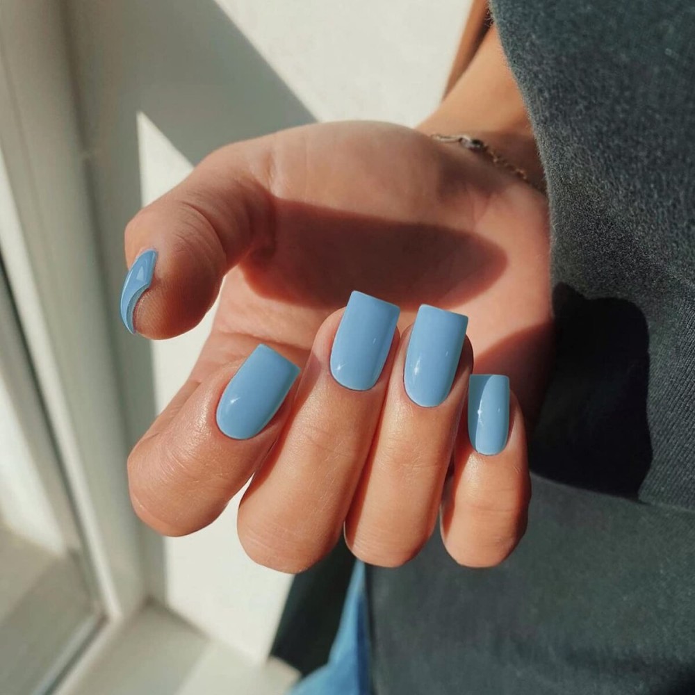Sky Blue Press on Nails Medium Square, KXAMELIE Natural Acrylic Glue on Nails Medium Length Coffin Nails Press ons Medium Short Gel Nails, Thick Reusable Fake Nails Solid Color 24 False Nails
