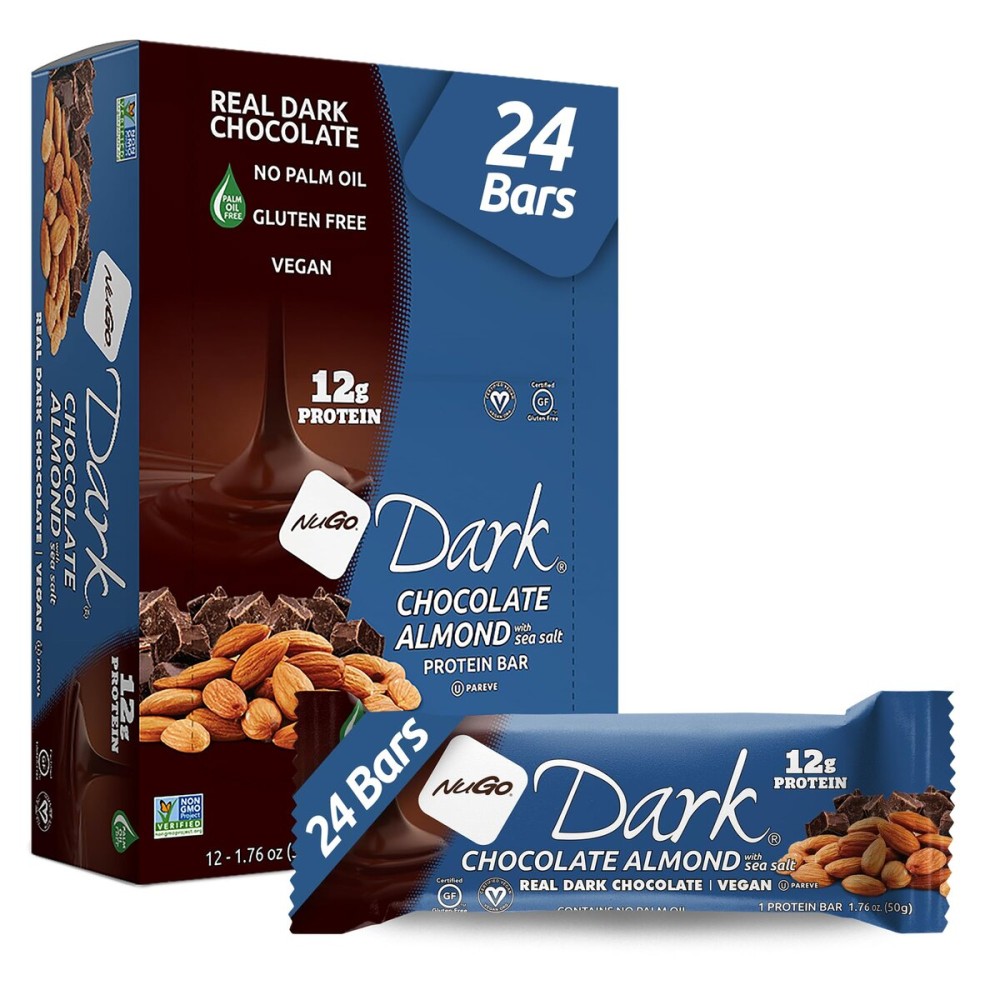 NuGo Dark Chocolate Almond with Sea Salt, 12g Protein Bar, Vegan, Gluten Free, Non-GMO, Kosher Pareve, 24 Count