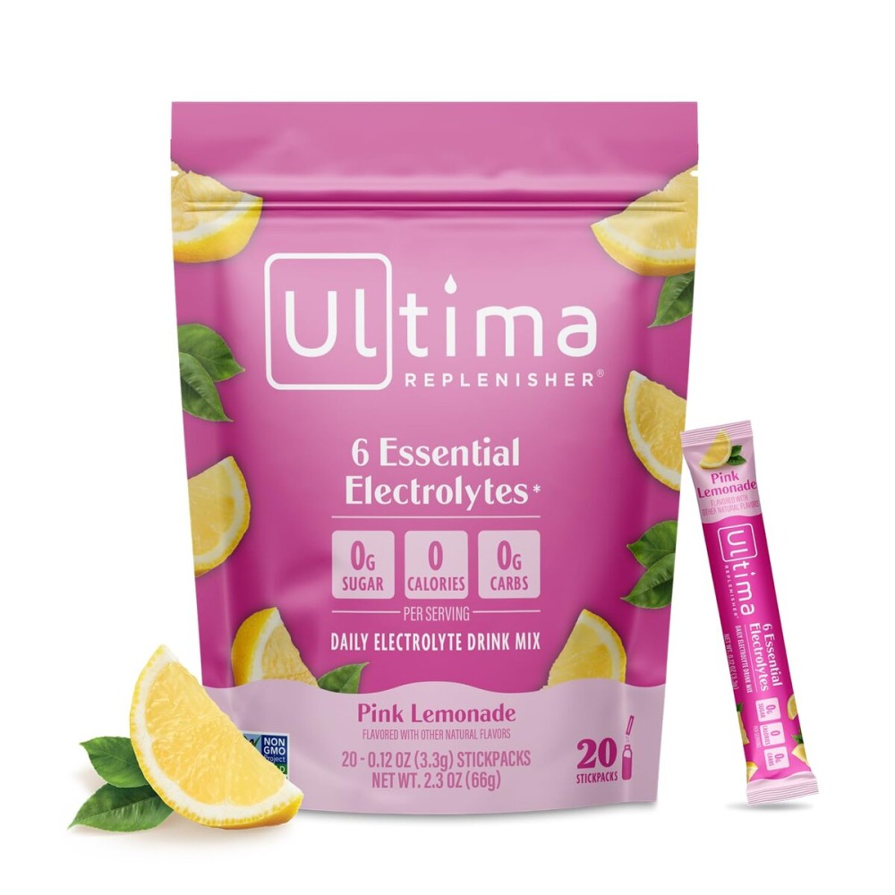 Ultima Replenisher Daily Electrolyte Powder Drink Mix - Sugar Free - Pink Lemonade, 20 Stickpacks - Hydration Packets with 6 Electrolytes and Trace Minerals - Keto Friendly, Vegan, Non-GMO
