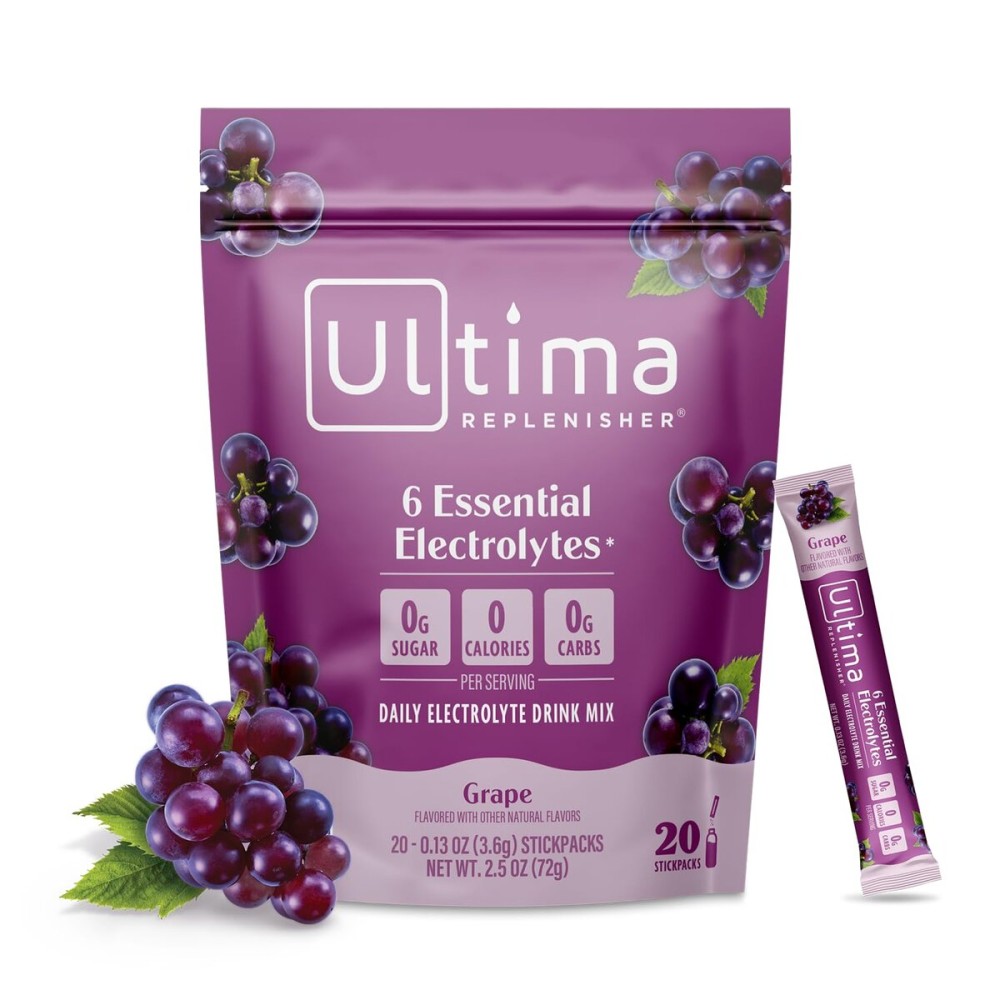 Ultima Replenisher Daily Electrolyte Powder Drink Mix - Sugar Free - Grape, 20 Stickpacks - Hydration Packets with 6 Key Electrolytes and Trace Minerals - Keto Friendly, Vegan, Non-GMO