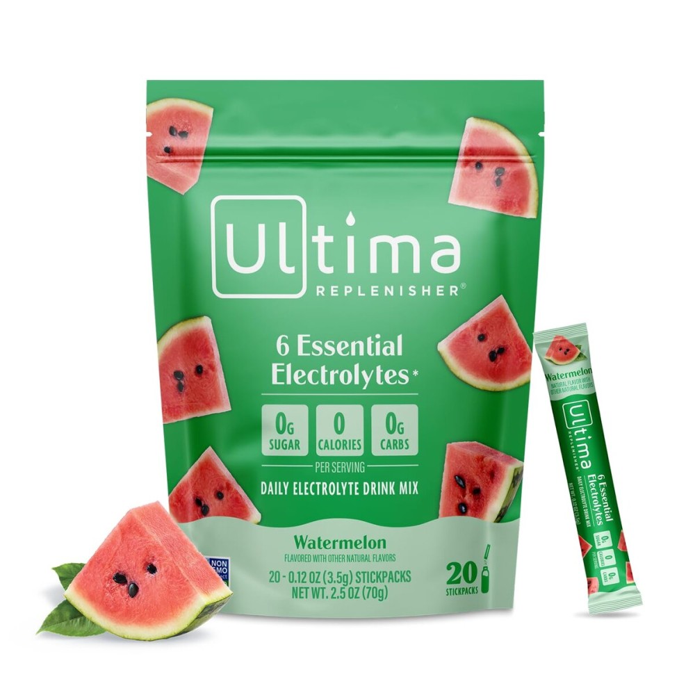 Ultima Replenisher Daily Electrolyte Powder Drink Mix - Sugar Free - Watermelon, 20 Stickpacks - Hydration Packets with 6 Electrolytes and Trace Minerals - Keto Friendly, Vegan, Non-GMO