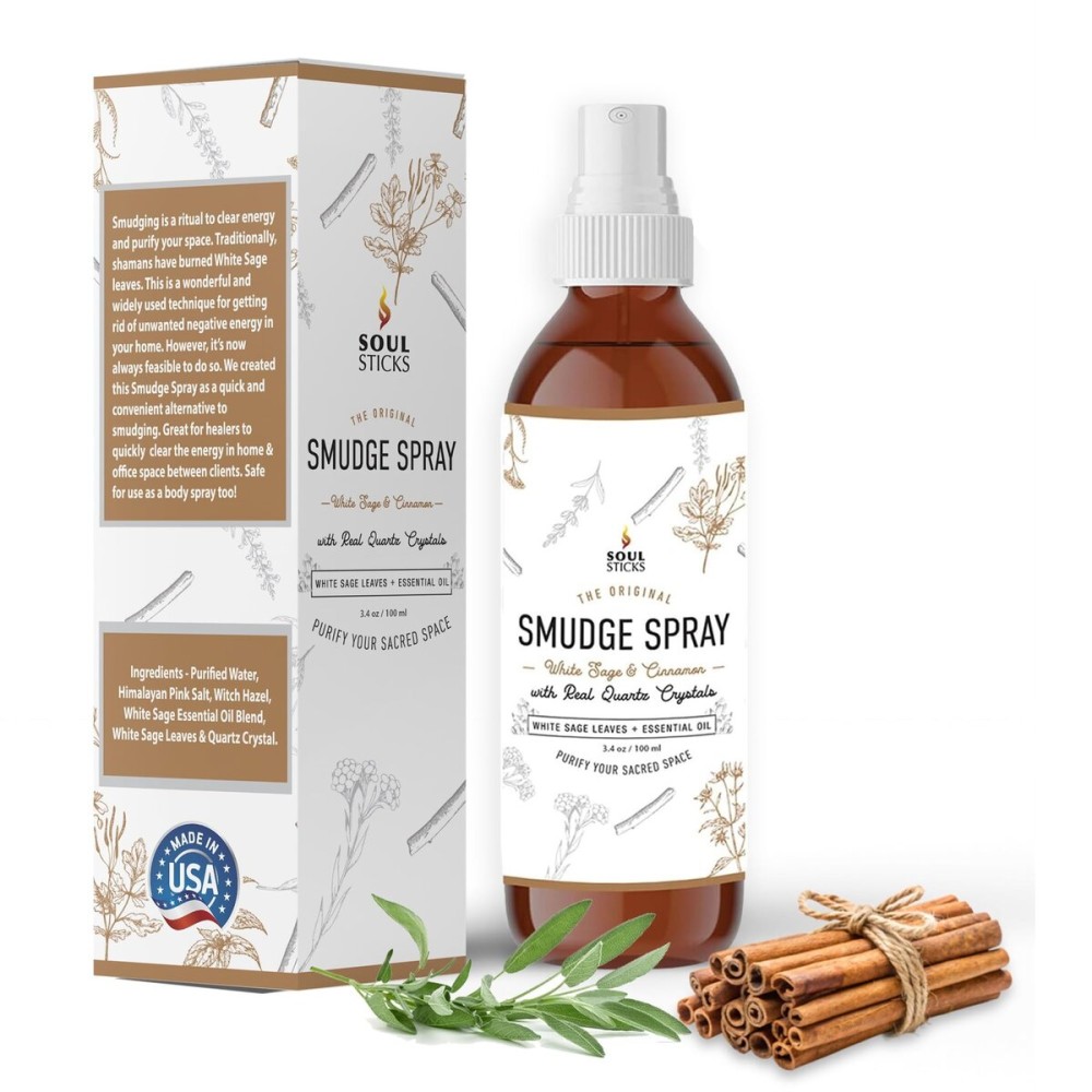 SOUL STICKS White Sage & Cinnamon Smudge Spray - 3.5oz Smokeless Energy Mist with Quartz Crystals - Non-Toxic Cleansing Spray for Aura, Home, Car, Meditation, Yoga, Stress Relief & Protection