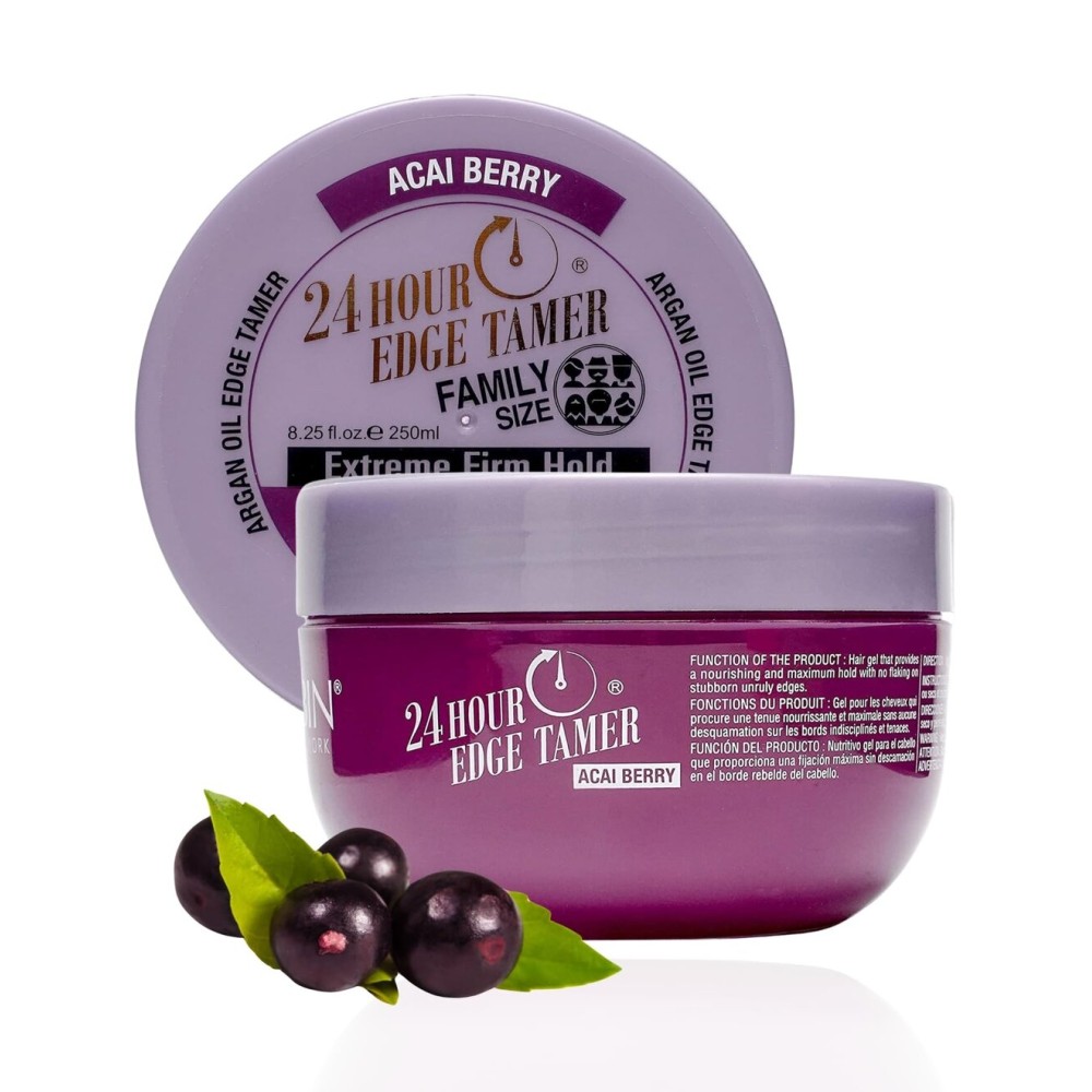 24 Hour Argan Oil Edge Tamer Refresh (8.25oz/ 250ml, Acai Berry) | Extreme Firm Hold, Smooths & Tames Frizz | No Flaking or Drying | High Shine, Long Lasting, All Hair Types, Styling Gel.