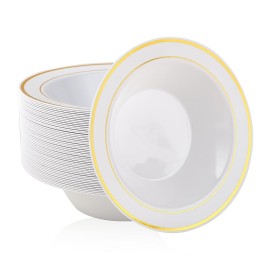 JOLLY PARTY 50PCS Plastic Bowls with Gold Rim-12oz disposable Soup Bowls, Christmas Thanksgiving Premium Dessert Salad Bowl for Wedding/Party