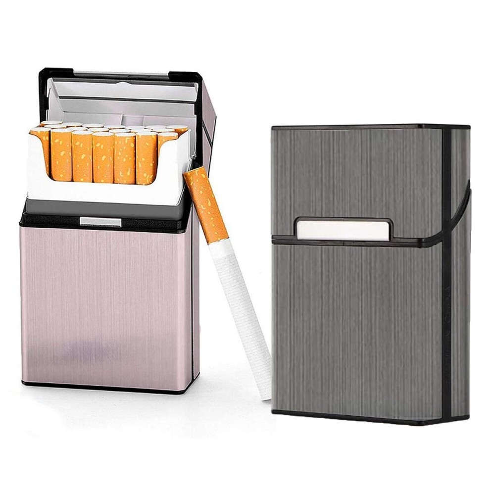Cigarette Case Brushed Metal Cigarette Case with Magnetic Switch Flip Closure,20 Capacity (2 Pack,85mm, Rose Red + Gray)