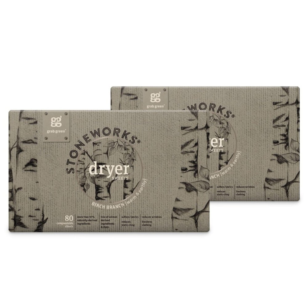 Grab Green Stoneworks Cruelty-Free Dryer Sheets | Softens Fabrics, Freshens Clothing & Reduces Static-Cling and Wrinkles | Plant Based | Birch Branch Scent (160 Sheets)