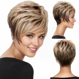 RENERSHOW Short Wigs for White Women Layered Brown Ombre Blonde Pixie Wig Synthetic Short Hair Wig with Bangs Mix Color Natural Looking Daily Party