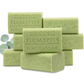 Australian Botanical Soap, 6.6 OZ, Eucalyptus, Lemon, Lime, and Petitgrain, Triple Milled Bars made with a Natural Soap Base and Enriched with Organic Shea Butter, Pack of 8