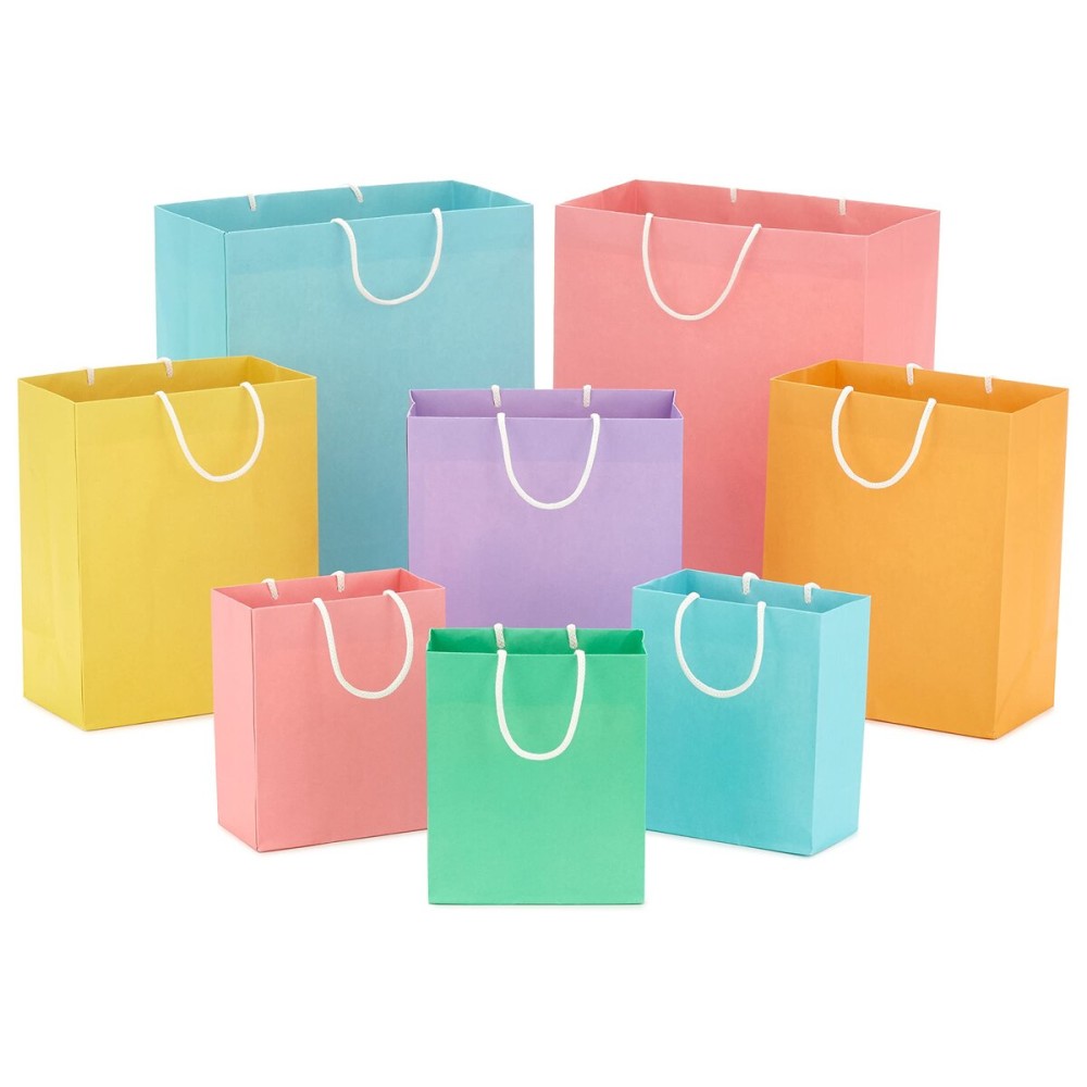 Hallmark Recyclable Gift Bag Assortment (8 Bags: 3 Small 6, 3 Medium 9, 2 Large 13) Pastel Blue, Pink, Yellow, Purple, Orange, Green for Birthdays, Easter, Baby Gifts, Bridal Showers