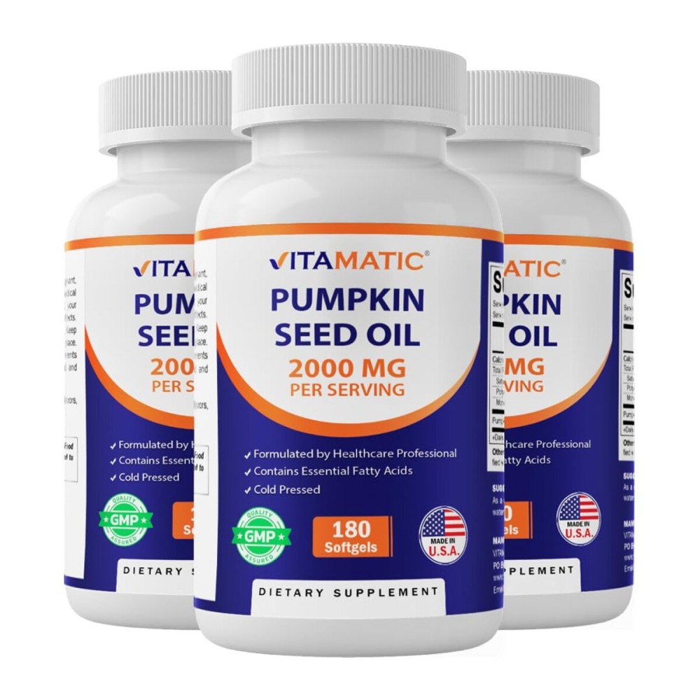 Vitamatic Pumpkin Seed Oil 2000mg per Serving - 3 Pack (540 Softgels Total) - 1000mg per Softgel Supports Prostate Health, Urinary Tract Function & Heart Health