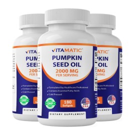 Vitamatic Pumpkin Seed Oil 2000mg per Serving - 3 Pack (540 Softgels Total) - 1000mg per Softgel Supports Prostate Health, Urinary Tract Function & Heart Health